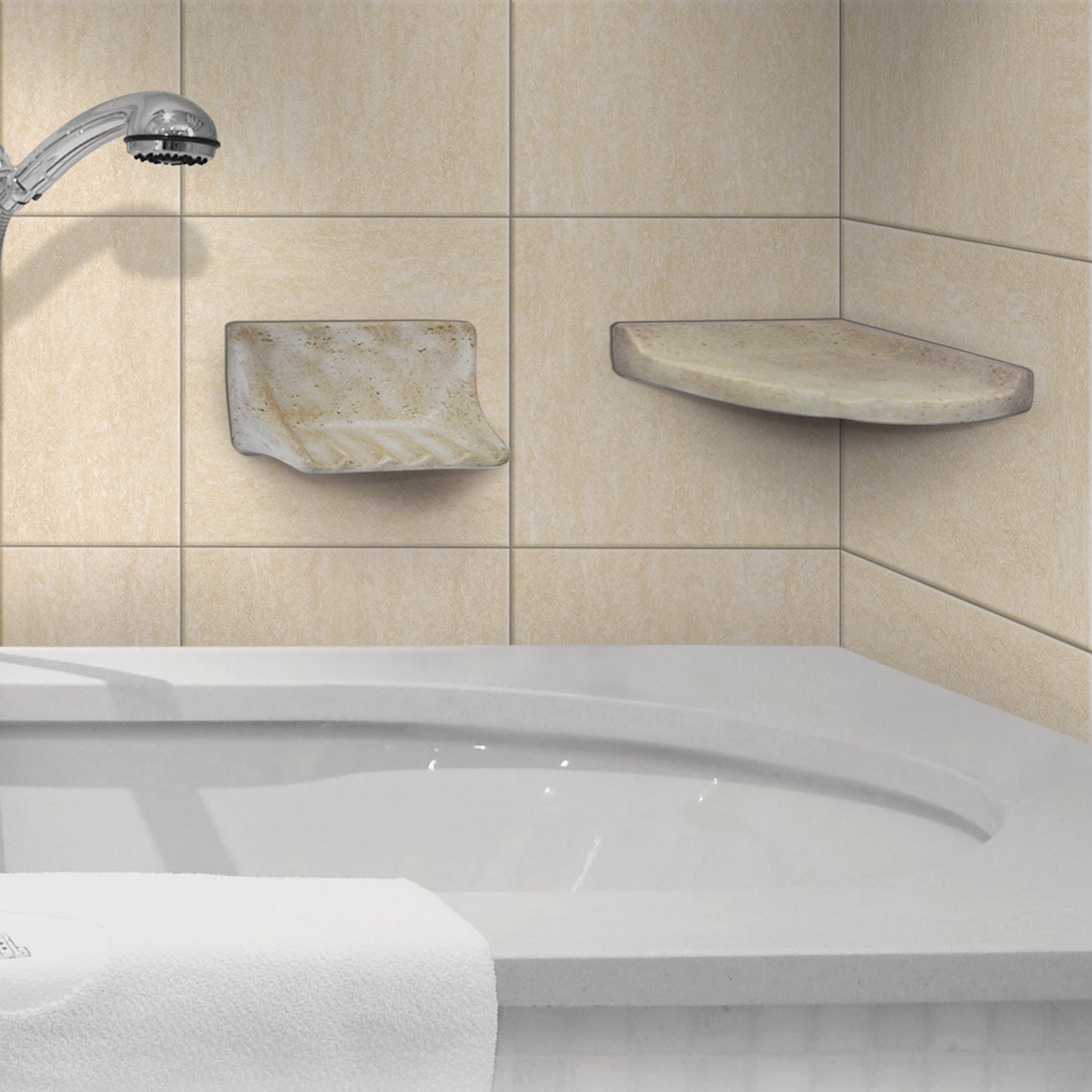 Prima Shaded Ivory 8.15 in. x 8.15 in Matte Resin Travertine Wall Mount Lugged Hand Made Corner Shelf Tile Trim