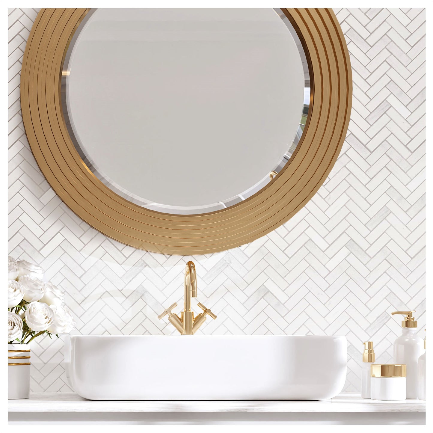 White Dolomite Herringbone 11.1 in. x 12.9 in. x 10 mm Polished Marble Mosaic Tile (4.96 sq. ft./case)