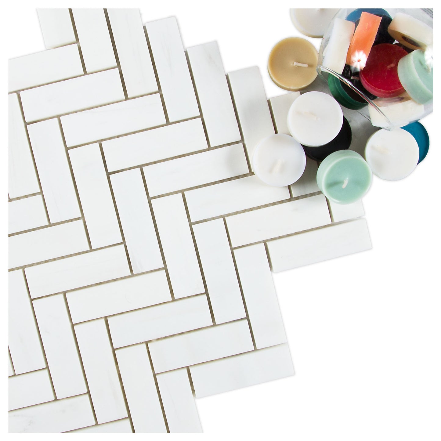 White Dolomite Herringbone 11.1 in. x 12.9 in. x 10 mm Polished Marble Mosaic Tile (4.96 sq. ft./case)