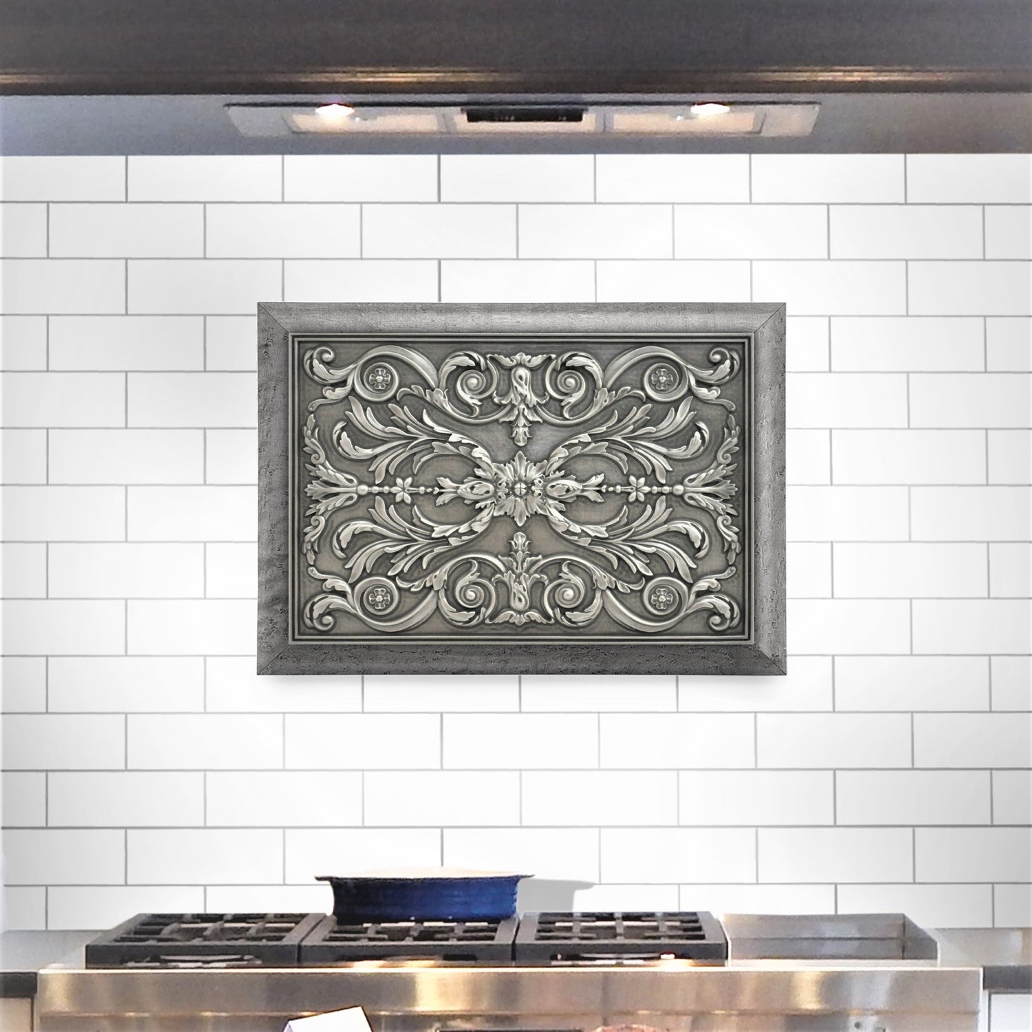 Backsplash Tile for Kitchen and Fireplace Viola 12" x 18" Metal Mural Pewter Nickel