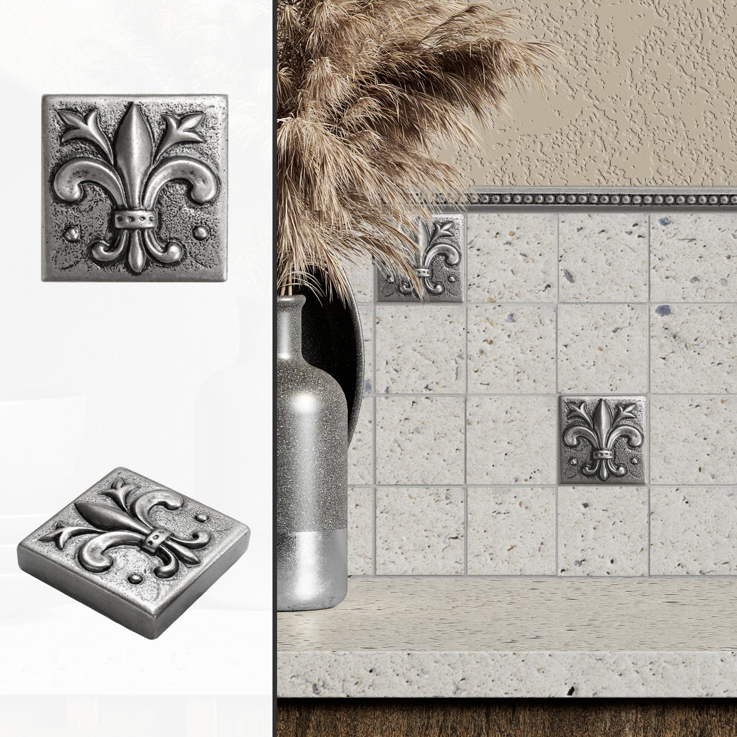 Fleur de Lis  -  Metal Insert Tile Pewter  2x2 ( PACK OF 8 PIECE)