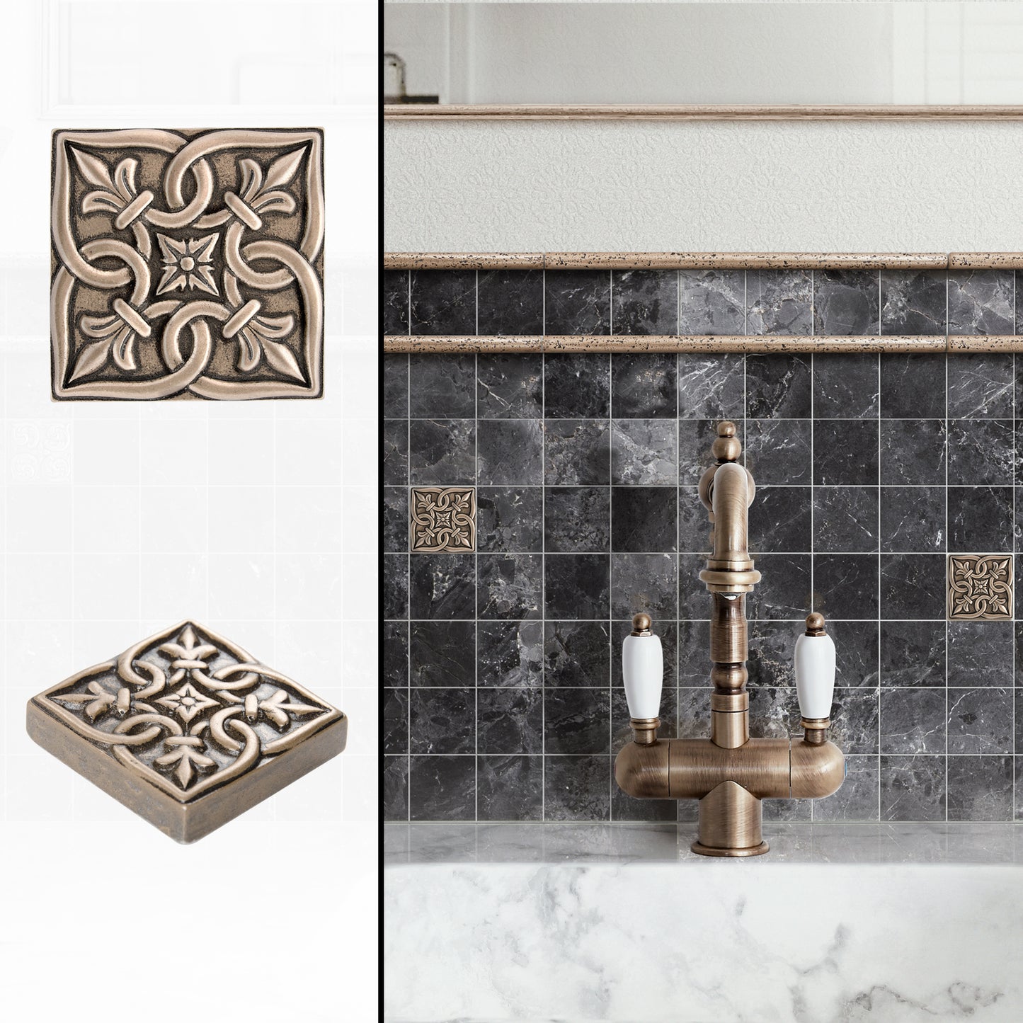 Romance Metal Decorative Insert Tile for Bathroom, Wall and Kitchen 2 x 2 Bronze (Set of 8)
